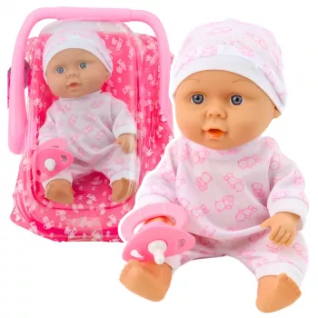 LEAN TOYS Lalka niemowlęca w nosidełku, piżamie, czapeczce i smoczku, różowa