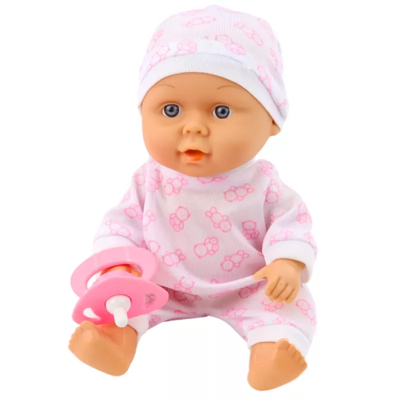 LEAN TOYS Lalka niemowlęca w nosidełku, piżamie, czapeczce i smoczku, różowa
