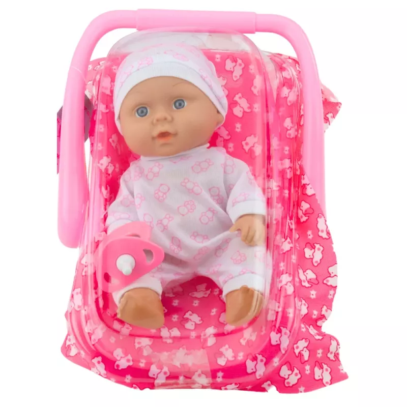 LEAN TOYS Lalka niemowlęca w nosidełku, piżamie, czapeczce i smoczku, różowa