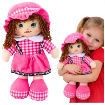 LEAN TOYS Szmaciana lalka przytulanka w kratkę sukienka różowa 35 cm