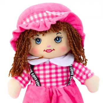LEAN TOYS Szmaciana lalka przytulanka w kratkę sukienka różowa 35 cm