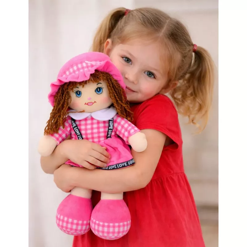 LEAN TOYS Szmaciana lalka przytulanka w kratkę sukienka różowa 35 cm