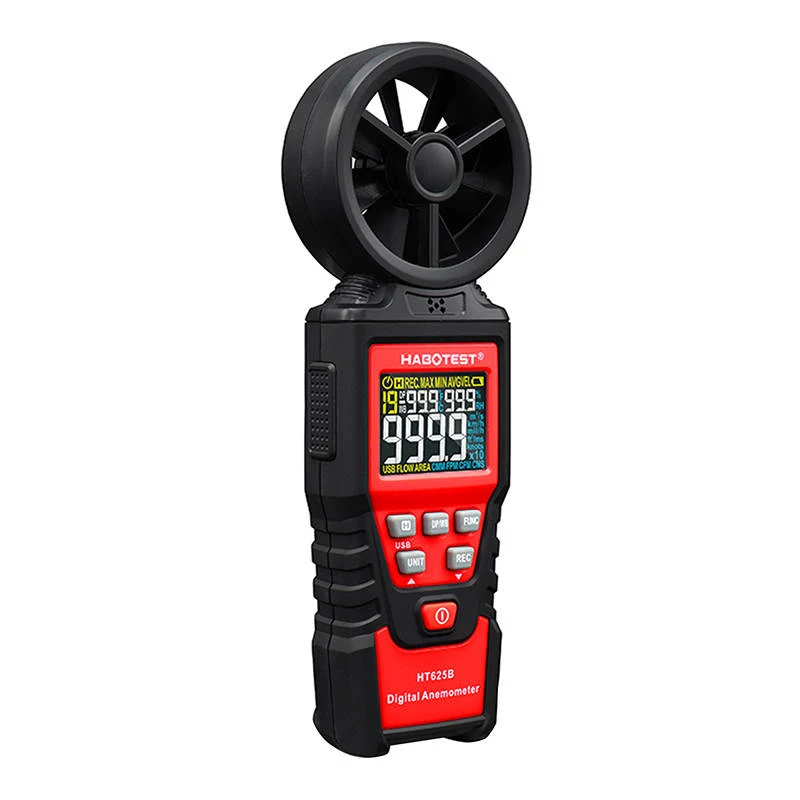 HABOTEST HT625B Cyfrowy anemometr z USB, miernik prędkości wiatru/temperatury/objętości powietrza, podświetlany LCD, zewnętrzny czujnik wiatraczkowy