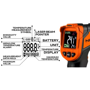 NEO TOOLS 75-276 Pirometr, Bezdotykowy Termometr Na Podczerwień z Podwójnym Wskaźnikiem Laserowym, -50°C do 880°C, 12:1 D:S, Regulowana Emisyjność, Podświetlany Wyświetlacz LCD