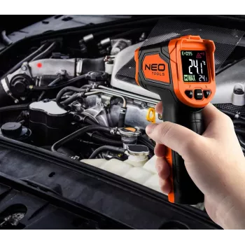 NEO TOOLS 75-276 Pirometr, Bezdotykowy Termometr Na Podczerwień z Podwójnym Wskaźnikiem Laserowym, -50°C do 880°C, 12:1 D:S, Regulowana Emisyjność, Podświetlany Wyświetlacz LCD