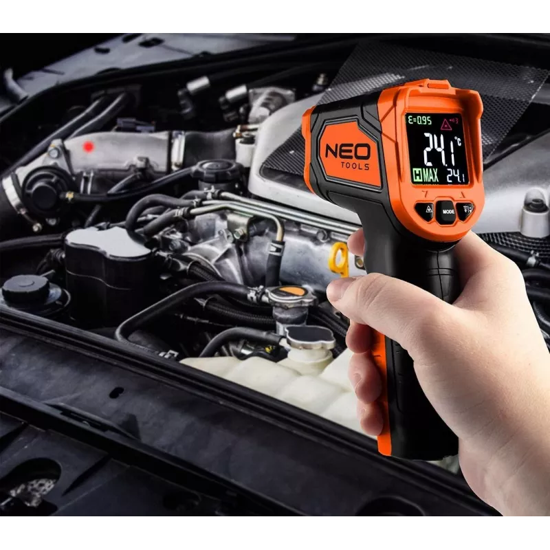 NEO TOOLS 75-276 Pirometr, Bezdotykowy Termometr Na Podczerwień z Podwójnym Wskaźnikiem Laserowym, -50°C do 880°C, 12:1 D:S, Regulowana Emisyjność, Podświetlany Wyświetlacz LCD