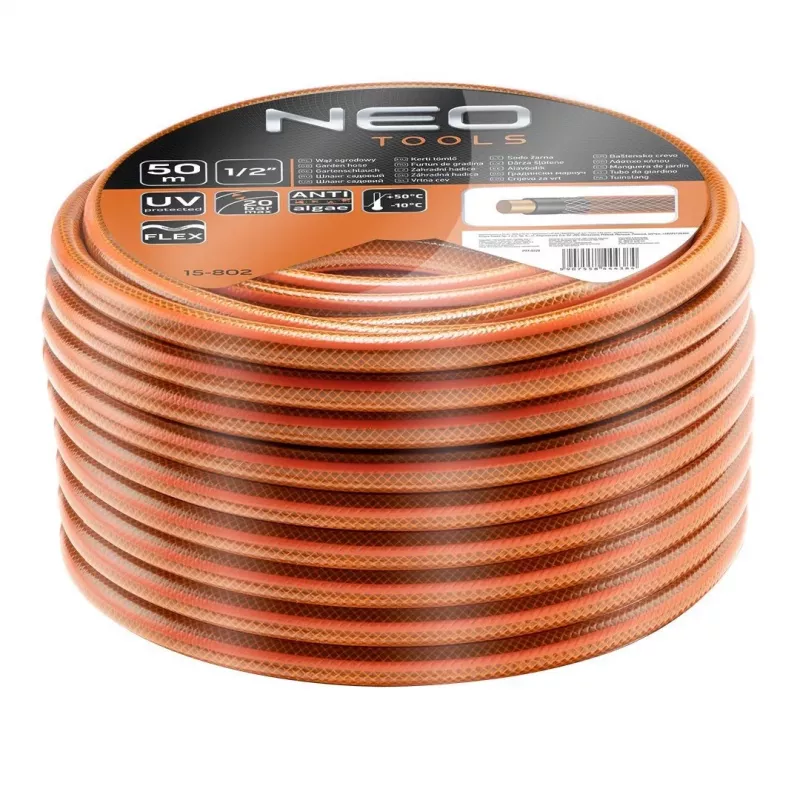 NEO TOOLS 15-802 wąż ogrodowy 1/2 cala x 50 m 4-warstwowy, ciśnienie rozrywające 25 bar, odporny na UV i glony, elastyczny PVC odporny na załamania, zielony