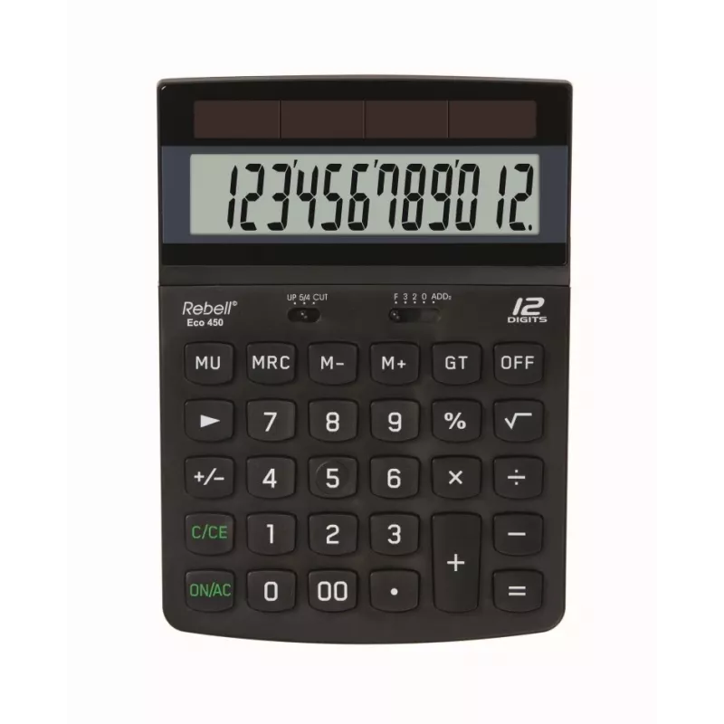 REBELL RE-ECO 450 BX Kalkulator biurkowy, 12-cyfrowy LCD, zasilanie dwusystemowe, tworzywo z recyklingu, czarny