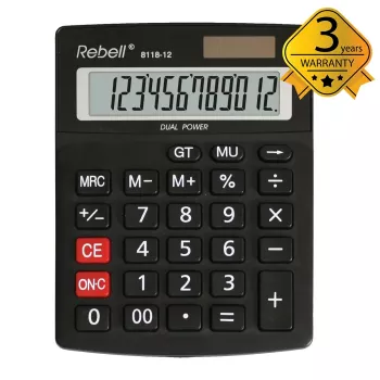 Kalkulator półbiurkowy REBELL RE-8118-12 BX, 12-cyfrowy wyświetlacz LCD pod kątem, zasilanie solarne i bateryjne, czarny