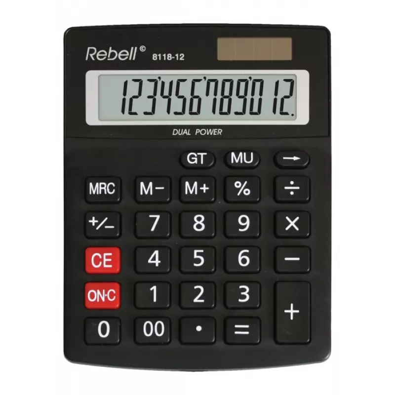 Kalkulator półbiurkowy REBELL RE-8118-12 BX, 12-cyfrowy wyświetlacz LCD pod kątem, zasilanie solarne i bateryjne, czarny