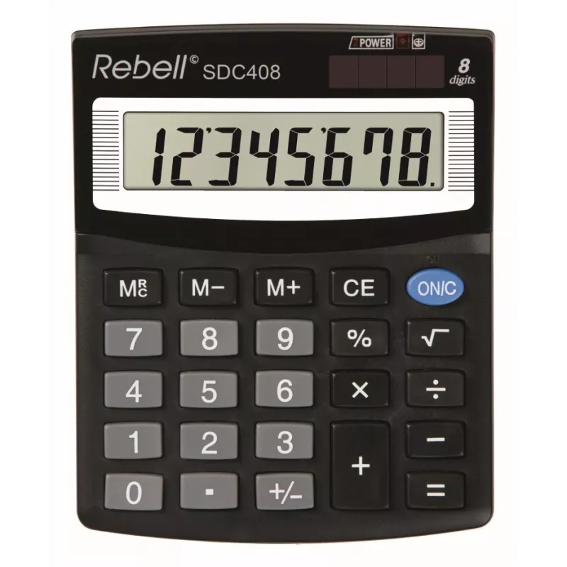 REBELL RE-SDC408 BX Kalkulator półbiurkowy, 12-cyfrowy LCD, zasilanie dwusystemowe (solarne i bateryjne), czarny