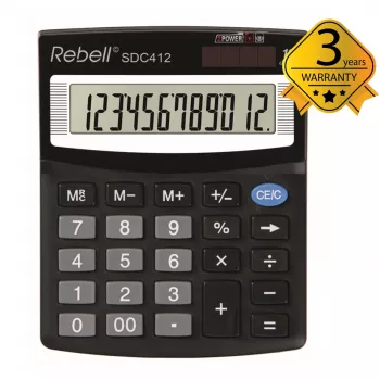 Kalkulator półbiurkowy REBELL RE-SDC412 BX, 12-cyfrowy LCD, zasilanie dwusystemowe, czarny