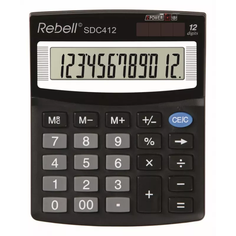 Kalkulator półbiurkowy REBELL RE-SDC412 BX, 12-cyfrowy LCD, zasilanie dwusystemowe, czarny