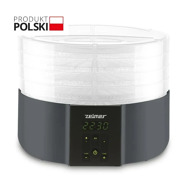 Zelmer ZFD2025 Suszarka do żywności, 5 sit, 520 W, elektroniczna regulacja temperatury 35-70°C, timer 1-48h, wyświetlacz LED, biało-szara