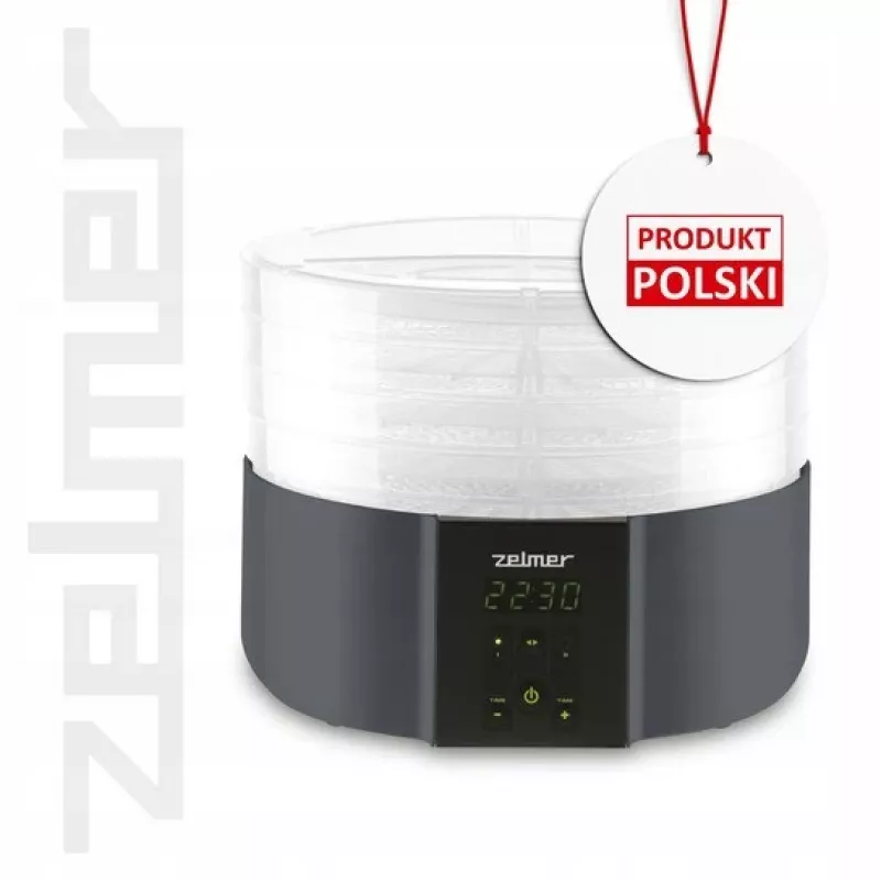 Zelmer ZFD2025 Suszarka do żywności, 5 sit, 520 W, elektroniczna regulacja temperatury 35-70°C, timer 1-48h, wyświetlacz LED, biało-szara