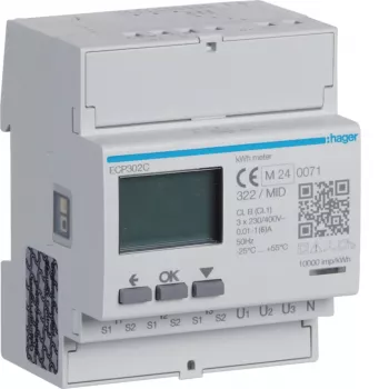 Hager ECP302C Trójfazowy licznik energii do przekładników prądowych 1A lub 5A, 4-modułowy na szynę DIN, wyjście impulsowe S0