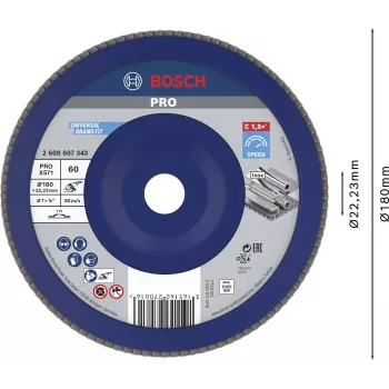 Tarcza listkowa Bosch X571 Best for Metal, średnica 180 mm, otwór 22,33 mm, tlenek cyrkonu, ziarno K40, stożkowa Typ 29, do stali i metali żelaznych 2608607343