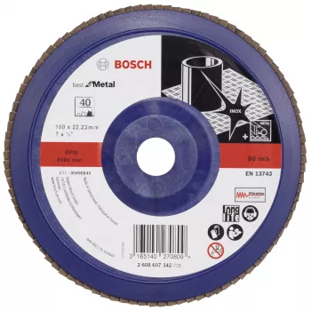 Tarcza listkowa Bosch X571 Best for Metal, średnica 180 mm, otwór 22,23 mm, tlenek cyrkonu, ziarnistość 40, 1 sztuka 2608607342