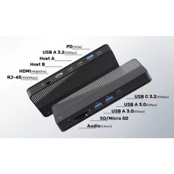 EXERTIS CONNECT przełącznik KVM ze stacją dokującą, HDMI 4K Ultra HD, LAN, 4-portowy hub USB, audio, czytnik kart (061110)