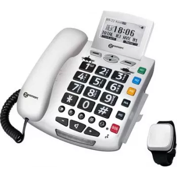 Geemarc Pack SERENTIES przewodowy telefon dla seniora z wisiorkiem wykrywającym upadki, podświetlany wyświetlacz, biały