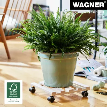 Wagner design yourself Podstawka na rośliny GH 0438, kwadratowa, lite drewno bukowe, 34 x 34 x 8 cm, 4 kółka skrętne, nośność 100 kg, naturalna, do personalizacji 20043801