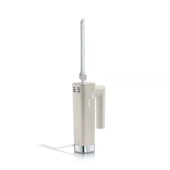 GRAEF EK508EU Nóż elektryczny 180 W, ostrza ze stali nierdzewnej, 2 ostrza ząbkowane, ergonomiczny uchwyt, drewniany stojak, wyłącznik bezpieczeństwa, kabel 1,2 m, biały