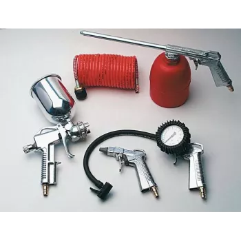 Brüder Mannesmann 5-częściowy zestaw akcesoriów do sprężonego powietrza 1527 | Pompka do opon, pistolet do przedmuchu, pistolet do malowania, pistolet do oleju, 4m wąż spiralny