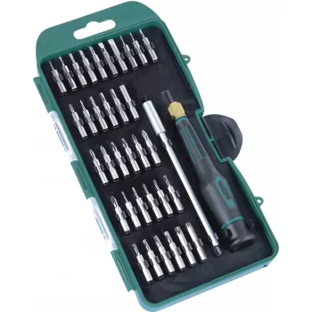 BRÜDER MANNESMANN Zestaw bitów precyzyjnych, 36-częściowy, napęd sześciokątny 4mm, płaskie, Phillips, Torx, imbusowe, Pentalobe, Tri-Wing, spanner, kwadratowe, Pozidriv, z rękojeścią 2-składnikową 29890
