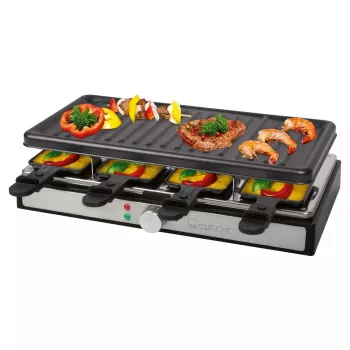 Clatronic RG 3757 Grill raclette, prostokątny, żebrowana płyta grilla 42x21 cm, 8 patelni raclette, 1400 W, stal nierdzewna/tworzywo sztuczne 263946