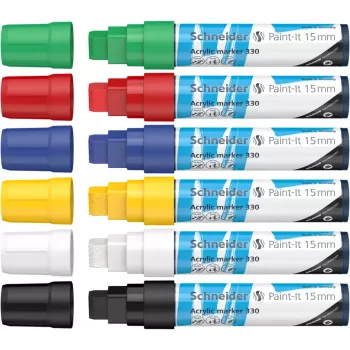 Zestaw markerów akrylowych Schneider Paint-It 330 V1, 6 różnych kolorów, końcówka ścięta 15 mm 120396