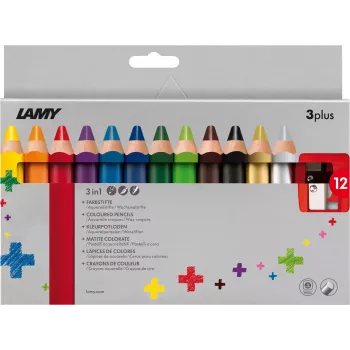 LAMY 3plus zestaw kredek ołówkowych 12 szt., wyjątkowo grube, odporne na złamanie wkłady 3,3 mm, ergonomiczny trójkątny uchwyt, różne kolory 1223548