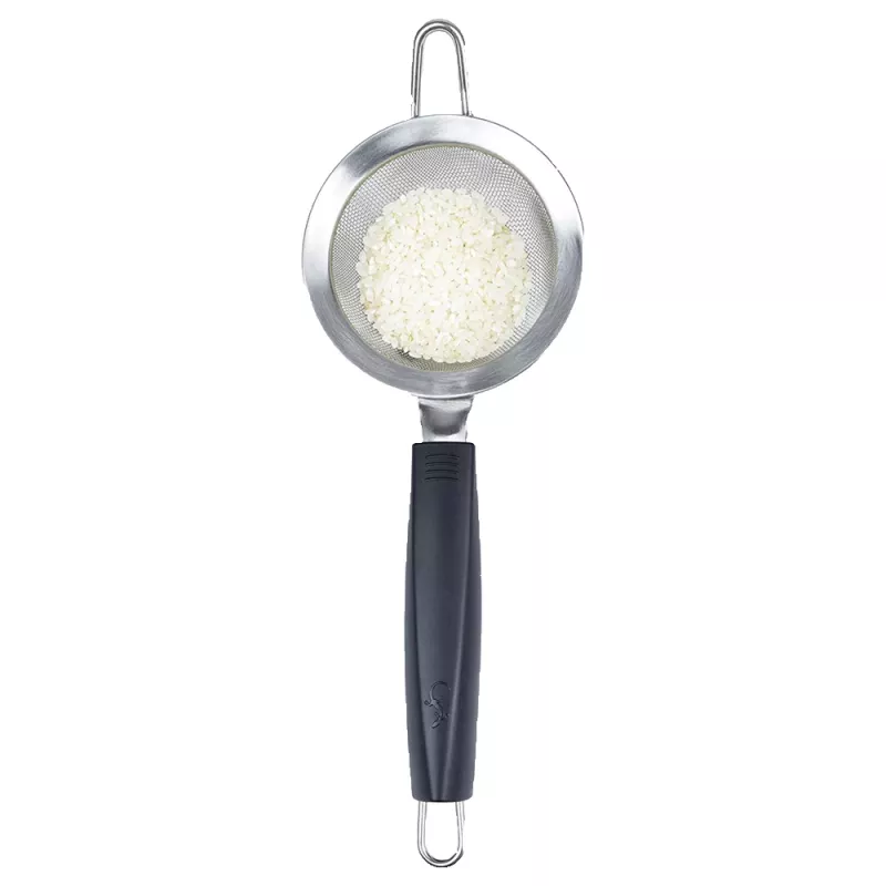 Sitko kuchenne LURCH TANGO 9,5 cm, czarno-srebrne, drobne sitko ze stali nierdzewnej z plastikową rączką 230240