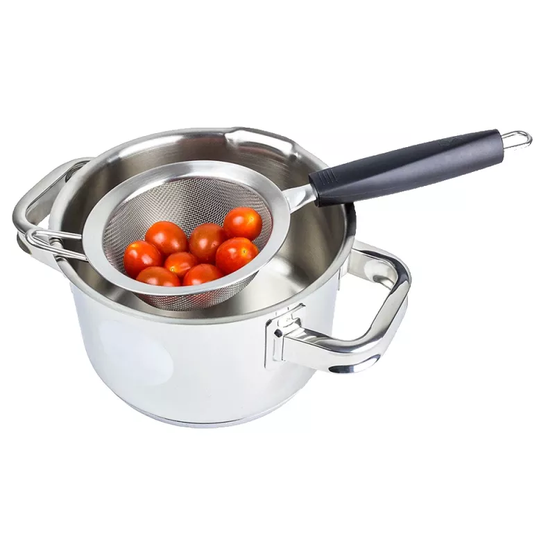 Sitko kuchenne LURCH TANGO 9,5 cm, czarno-srebrne, drobne sitko ze stali nierdzewnej z plastikową rączką 230240