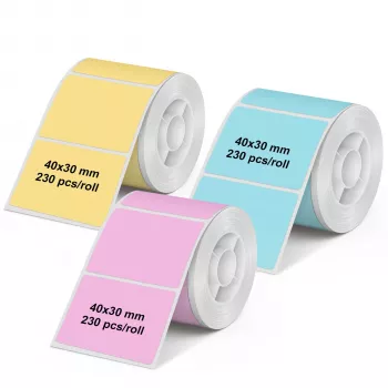Olympia 6323 Uniwersalne etykiety termiczne bezpośrednie, 40 x 30 mm, papier, wielokolorowe (różowy, niebieski, żółty), 3 rolki