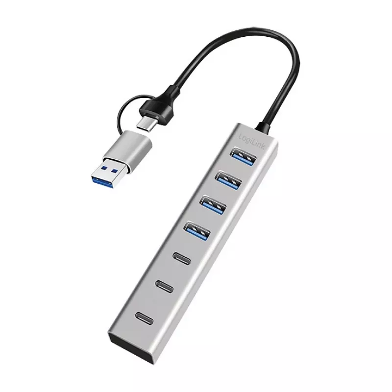 LogiLink Hub USB 3.0, 7-portowy, 4x USB-A 3x USB-C, obudowa aluminiowa