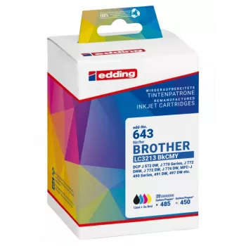 Edding 18-643 Kompatybilny Zestaw Wkładów Atramentowych do Brother LC3213 Series - Czarny, Cyjan, Magenta, Żółty (4-Pak)