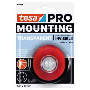 tesa Mounting PRO Transparent 66965-00001-00 Dwustronna przezroczysta taśma montażowa z pianki akrylowej, 5 m x 19 mm, utrzymuje do 10 kg/m, odporna na UV i wilgoć, do wnętrz i na zewnątrz