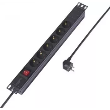 Listwa zasilająca Sygonix SY-6736978 19 cali 1U do montażu w szafie Rack, 6 gniazd Schuko, kabel 2m, czarna