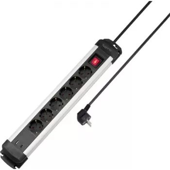 Listwa zasilająca Sygonix SY-6807130 6-gniazdowa z podświetlanym wyłącznikiem, czarno-srebrna, kabel 1,5 m
