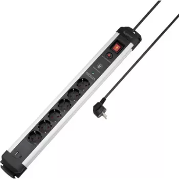 Listwa zasilająca z ochroną przeciwprzepięciową Sygonix SY-6805674, 6 gniazd, z wyłącznikiem, Schuko, kabel 1,5 m, czarno-srebrna