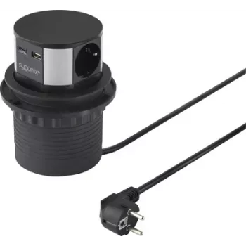 Sygonix SY-6887466 Listwa zasilająca wieżowa 3-gniazdowa, czarno-srebrna, kabel 1,5 m, 3 gniazda Schuko, 3680 W, podświetlany wyłącznik