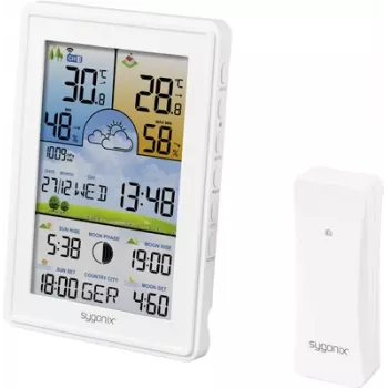 Sygonix SY-5509564 Cyfrowa stacja pogodowa z prognozą 12-24 godzin, zegarem DCF, temperaturą i wilgotnością wewnętrzną/zewnętrzną, fazą księżyca, ostrzeżeniem przed mrozem, obsługą 3 kanałów czujników
