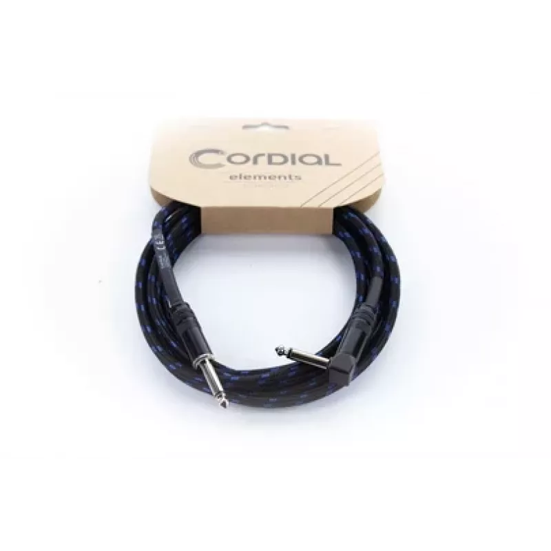 Kabel instrumentalny Cordial 14780 3 m – wtyk jack TS 6,3 mm na wtyk jack TS 6,3 mm, czarno-niebieski oplot tekstylny