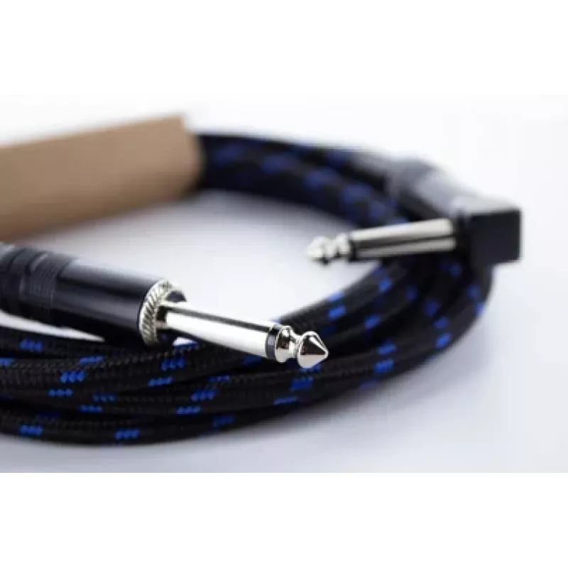 Kabel instrumentalny Cordial 14780 3 m – wtyk jack TS 6,3 mm na wtyk jack TS 6,3 mm, czarno-niebieski oplot tekstylny
