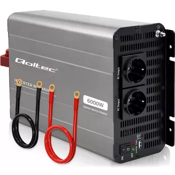 Qoltec przekształtnik napięcia zmodyfikowana fala sinusoidalna 12V na 230V 3000W/6000W z USB, kompatybilny z LiFePO4 GEL AGM