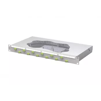 METZ CONNECT 12-portowy panel krosowy światłowodowy LC Duplex OM5 z kaseta spawalnicza, 1U do szafy 19 inch, 24 włókna, pigtaile 2m, szary 1504587M12-F