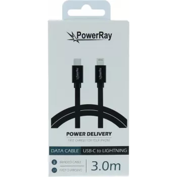 PowerRay kabel do przesyłu danych i ładowania USB-C na Lightning 3m czarny tekstylny pleciony certyfikat MFi PR-DCCL300TBK