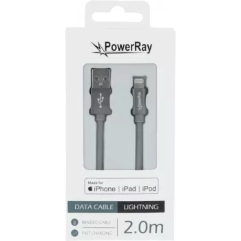 PowerRay PR-DCUL200TGY kabel USB-A na Lightning z certyfikatem MFi, pleciony, 2m, tekstylny szary