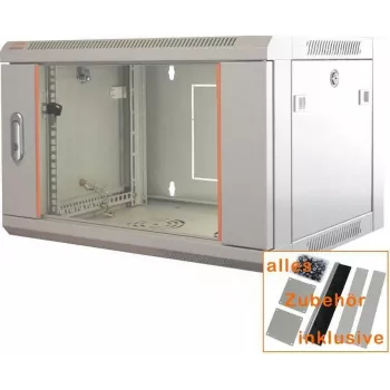 IT-BUDGET Szafa sieciowa 19 inch SWA - 4U - 570 x 450 mm - Drzwi szklane - Zdejmowane boki - Montaż ścienny/podłogowy - Zestaw akcesoriów - Jasnoszara (90ITB19WS4645GG)