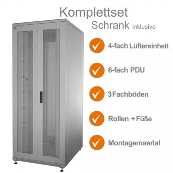 IT-BUDGET 19 inch Szafa serwerowa SRK Zestaw kompletny - 42U - szer. x gł. 800x1000 mm - Drzwi perforowane podwójne przód + tył - 4 aktywne wentylatory - PDU - Półki - Zmonto­wana - Jasnoszara 99ITB19SRK42810DTGM